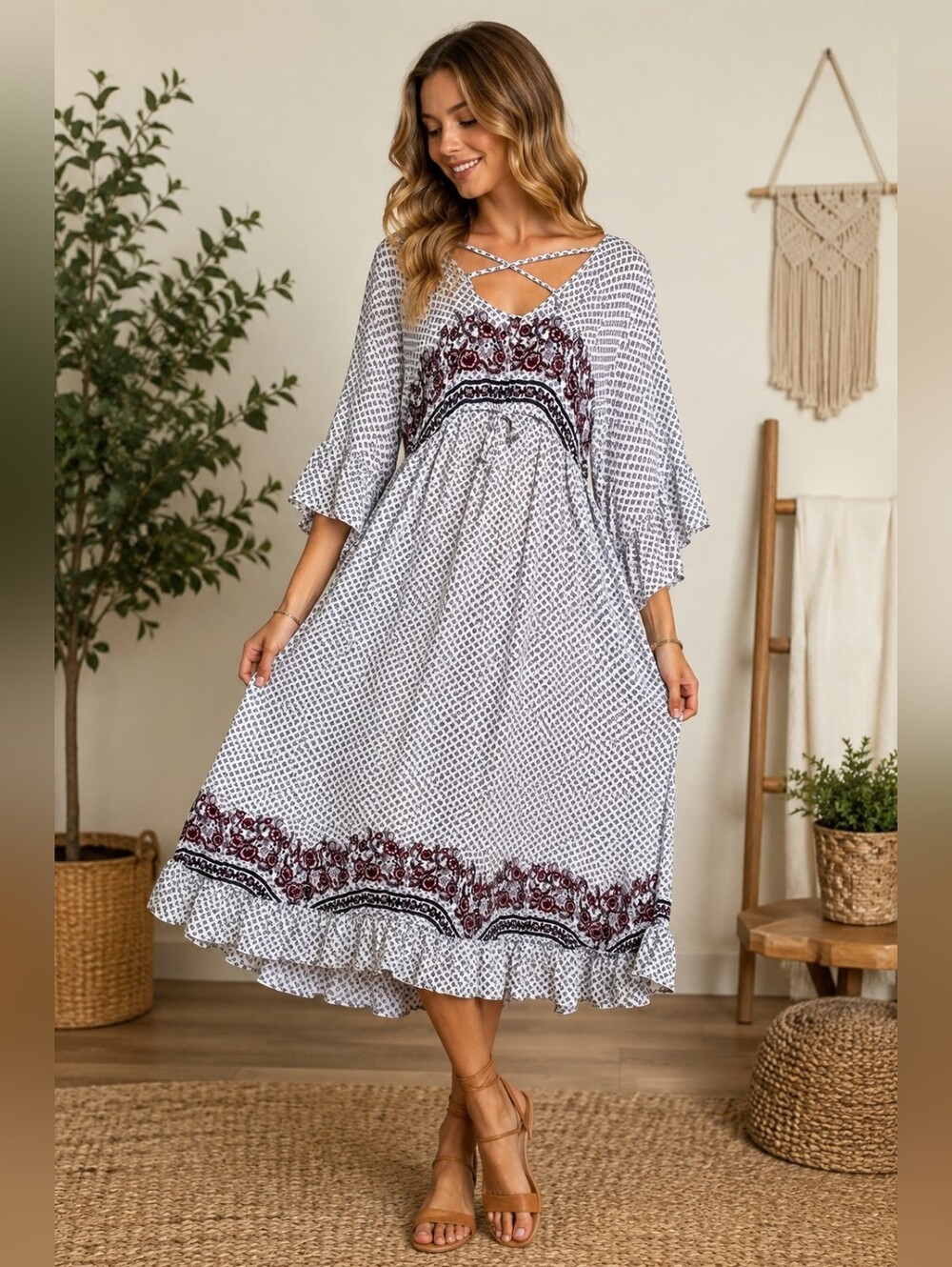 Anthropologie J Gee Flowy Boho Hippie Bell Sleeve Pattern Maxi Dress